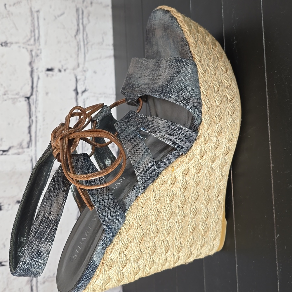 Stuart Weitzman Denim and Tan Espadrilles-Style Wedge Sandals Size 8.5 - Picture 3 of 10